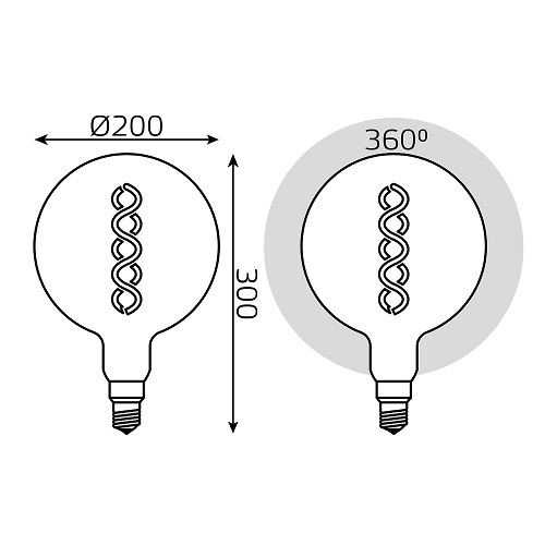 Лампа светодиодная Gauss Black Filament G200 E27 шар 200 мм мощность - 8 Вт, цоколь - E27, световой поток - 620 Лм, цветовая температура - 2400 °К, цвет колбы - желтый, цвет свечения - теплый белый, форма - шарообразная