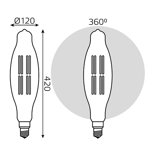 Лампа светодиодная Gauss Black Filament T120 E27 оригинальная 120 мм мощность - 6 Вт, цоколь - E27, световой поток - 780 Лм, цветовая температура - 2400 °К, цвет колбы - желтый, цвет свечения - теплый белый, форма - оригинальная