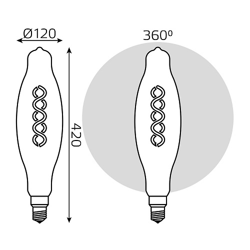 Лампа светодиодная Gauss Black Filament T120 E27 оригинальная 120 мм мощность - 8 Вт, цоколь - E27, световой поток - 620 Лм, цветовая температура - 2400 °К, цвет колбы - желтый, цвет свечения - теплый белый, форма - оригинальная