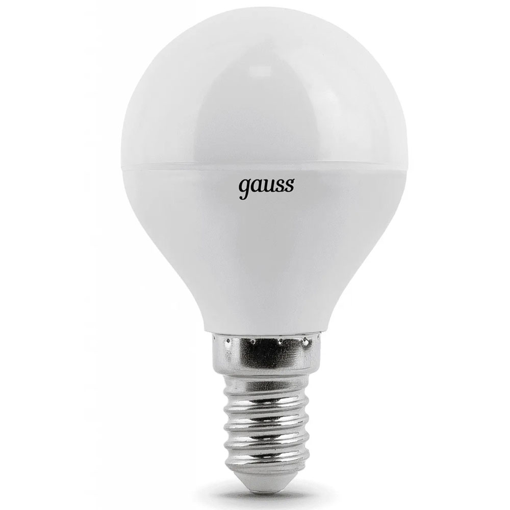 Лампа светодиодная Gauss Шар E14 45 мм 6.5 Вт, 220 В, цоколь - E14, световой поток - 550 Лм, цветовая температура - 6500 К, форма - шарообразная, холодный белый свет