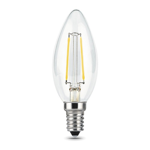 Лампы светодиодные Gauss Black Filament E14 свеча 35 мм мощность - 7 Вт, цоколь - E14, световой поток - 550-580 Лм, цветовая температура - 2700-4100 °К, форма - свеча