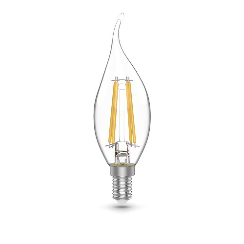 Лампы светодиодные Gauss Basic Filament E14 свеча на ветру 35 мм мощность - 4.5 Вт, цоколь - E14, световой поток - 400-420 лм, цветовая температура - 2700-4100 °К, форма - свеча на ветру