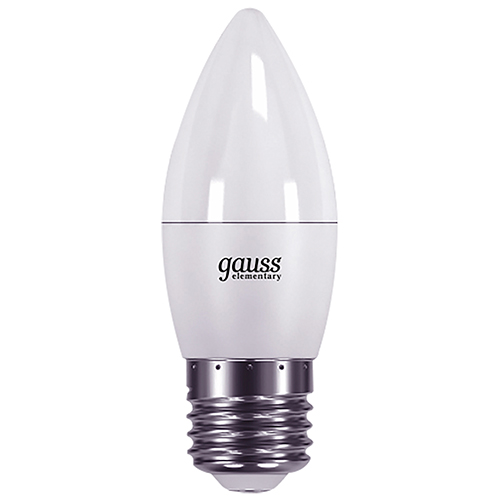 Лампы светодиодные Gauss Elementary C35-27 35-37 мм мощность - 6-8 Вт, цоколь - E27, световой поток - 420-540 лм, цветовая температура - 3000-4100 K, форма - свеча