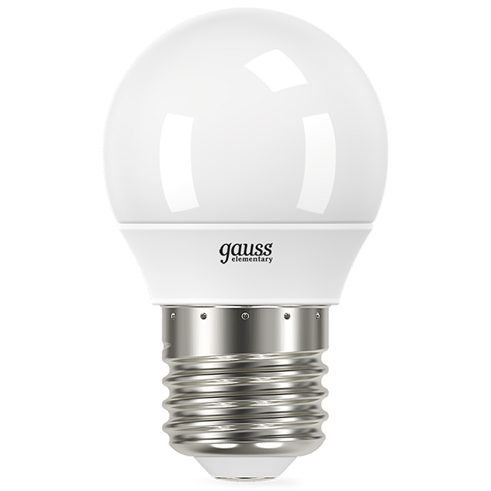 Лампа светодиодная Gauss Elementary G45-27 45 мм мощность - 12 Вт, цоколь - E27, световой поток - 920 лм, цветовая температура - 4100 K, нейтральный белый свeт, форма - шар