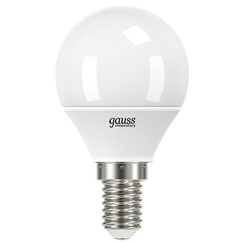 Лампы светодиодные Gauss Elementary G45-14 45 мм мощность - 6-8 Вт, цоколь - E14, световой поток - 420-540  лм, цветовая температура - 3000-4100 K, форма - шар