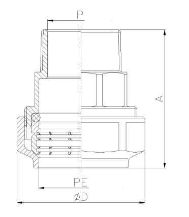 Штекер разъемный GENEBRE 0017 04, 1/2″ Ду15 (1/2″ x PE20), Ру16, прямой, компрессионный, полнопроходной, латунь