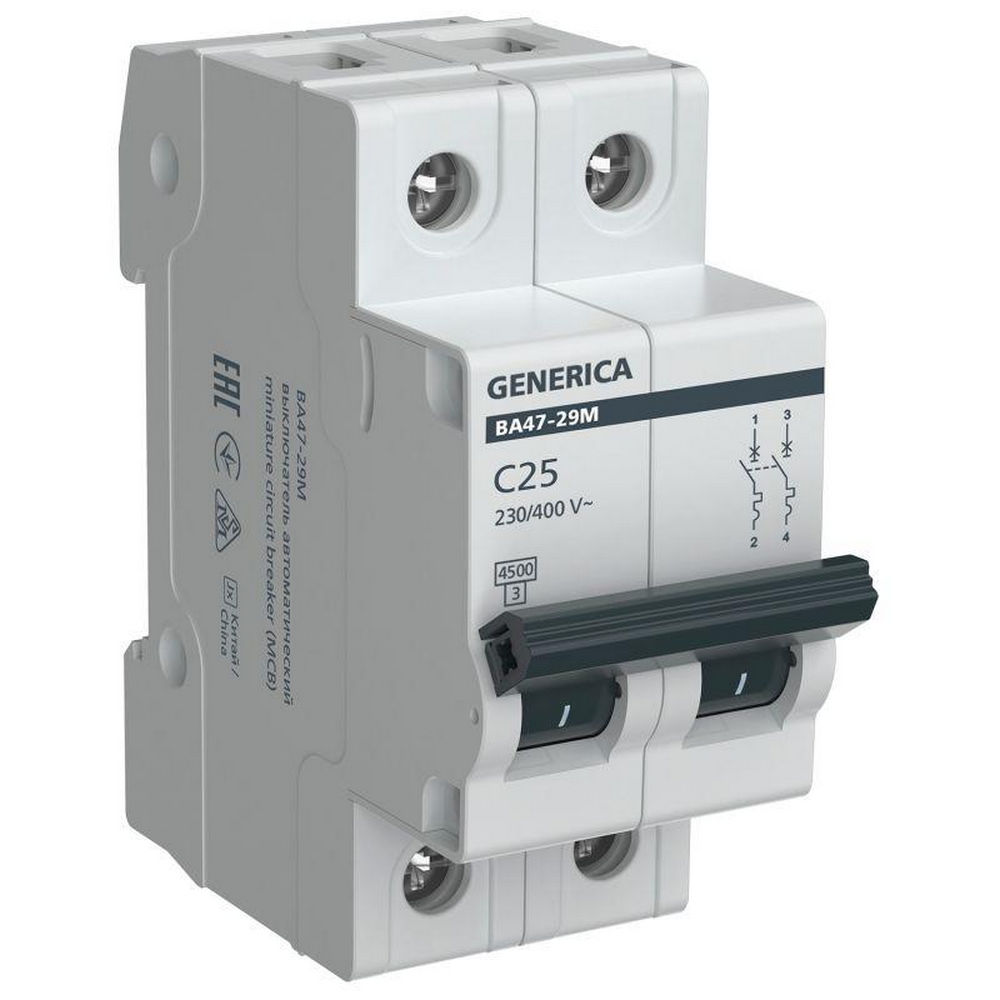 Автоматический выключатель двухполюсный Generica ВА47-29М 2P (C) 25А 4.5кА, сила тока 25 A, тип расцепителя C, отключающая способность 4.5 кА