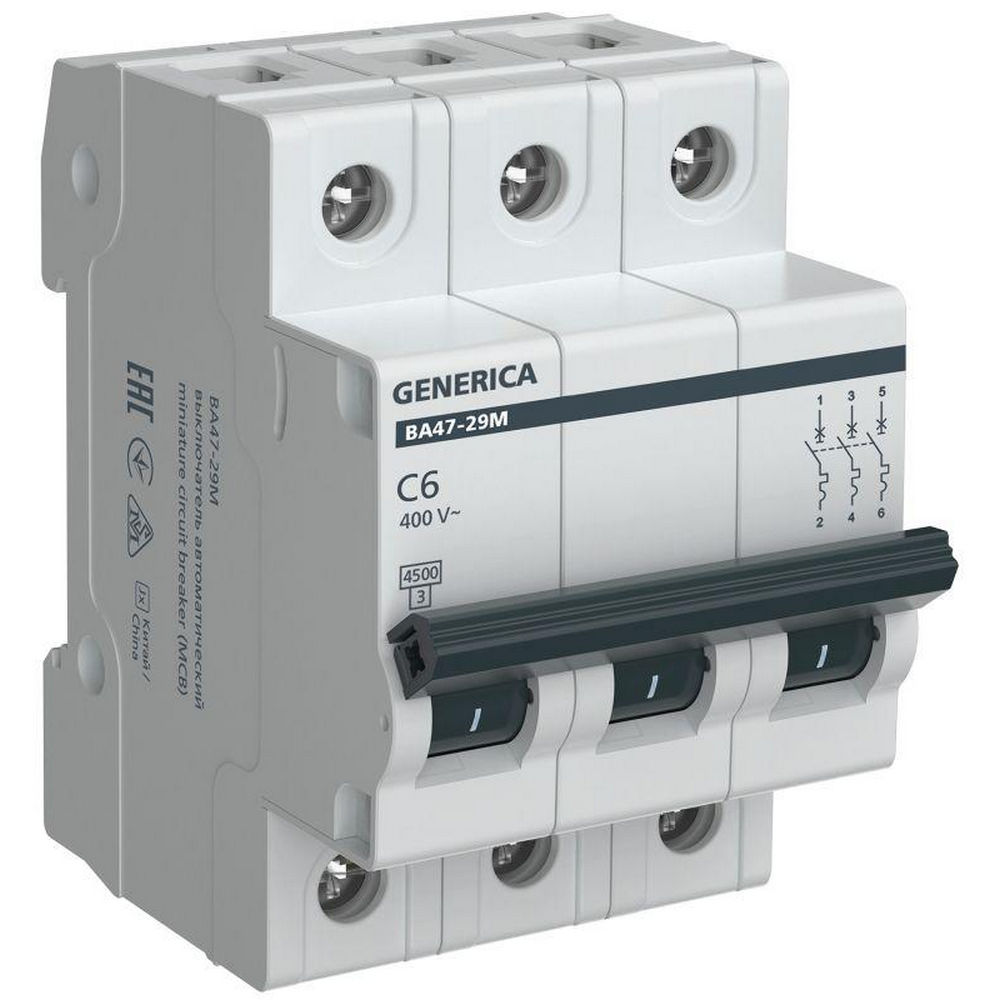 Автоматический выключатель трехполюсный Generica ВА47-29М 3P (C) 6А 4.5кА, сила тока 6 A, тип расцепителя C, отключающая способность 4.5 кА