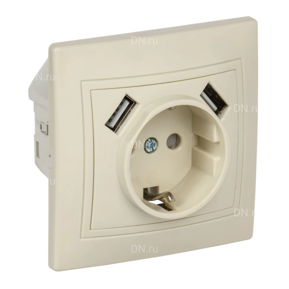 Розетка комбинированная GENERICA KVARTA РЮш10-1-ККм 1-местная, сила тока - 16A, 2 USB 2.1А, с заземлением, способ монтажа - cкрытый, материал - АБС-пластик, степень защиты - IP20, c защитными шторками, цвет - кремовый