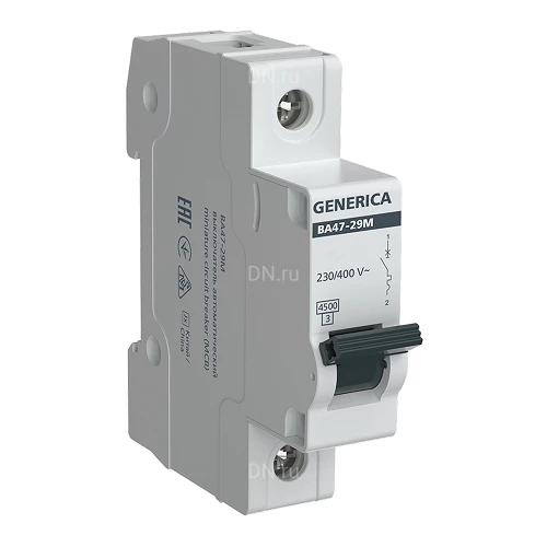 Автоматические выключатели модульные однополюсные GENERICA ВА47-29М 1P (B) сила тока 6-63А, тип расцепителя B, отключающая способность 4.5кА