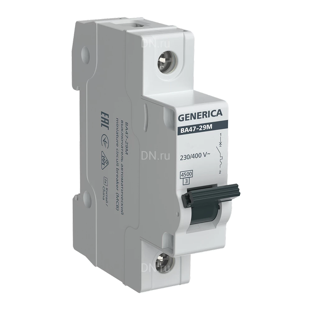 Автоматический выключатель модульный однополюсный GENERICA ВА47-29М 1P (B) 50А 4.5кА сила тока 50А, тип расцепителя B, отключающая способность 4.5кА MVA21-1-050-B-G