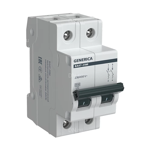 Автоматические выключатели модульные двухполюсные GENERICA ВА47-29М 2P (B) сила тока 6-63А, тип расцепителя B, отключающая способность 4.5кА