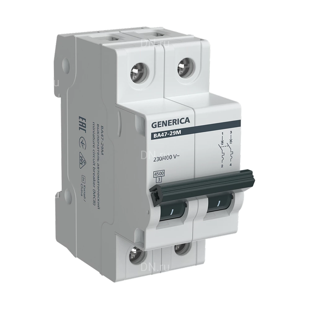 Автоматический выключатель модульный двухполюсный GENERICA ВА47-29М 2P (B) 50А 4.5кА сила тока 50А, тип расцепителя B, отключающая способность 4.5кА MVA21-2-050-B-G