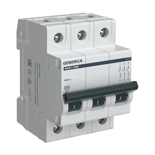 Автоматические выключатели модульные трехполюсные GENERICA ВА47-29М 3P (B) сила тока 6-63А, тип расцепителя B, отключающая способность 4.5кА
