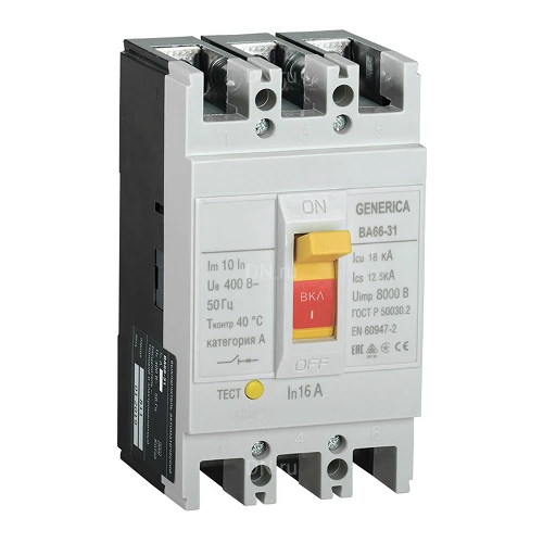 Автоматические выключатели в литом корпусе трехполюсные GENERICA ВА66-31 3P сила тока 16-250А, отключающая способность 18кА