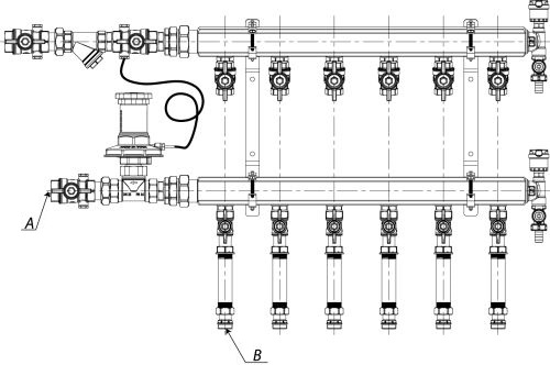 Узел коллекторный отопления Giacomini GE553-B1(D2) 3/4″ Ду32 Ру10 GE553Y303 отводов - 3 x1/2″ подключение к системе с регулятором перепада давления, этажный, подключение к потребителям тип B1