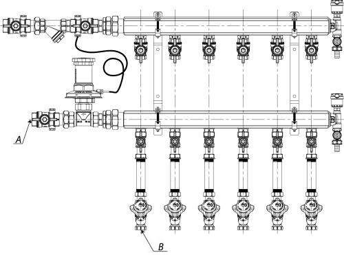Узел коллекторный отопления Giacomini GE553-B3(D2) 3/4″ Ду32 Ру10 GE553Y342 отводов - 2 x1/2″ подключение к системе с регулятором перепада давления, этажный, подключение к потребителям тип B3