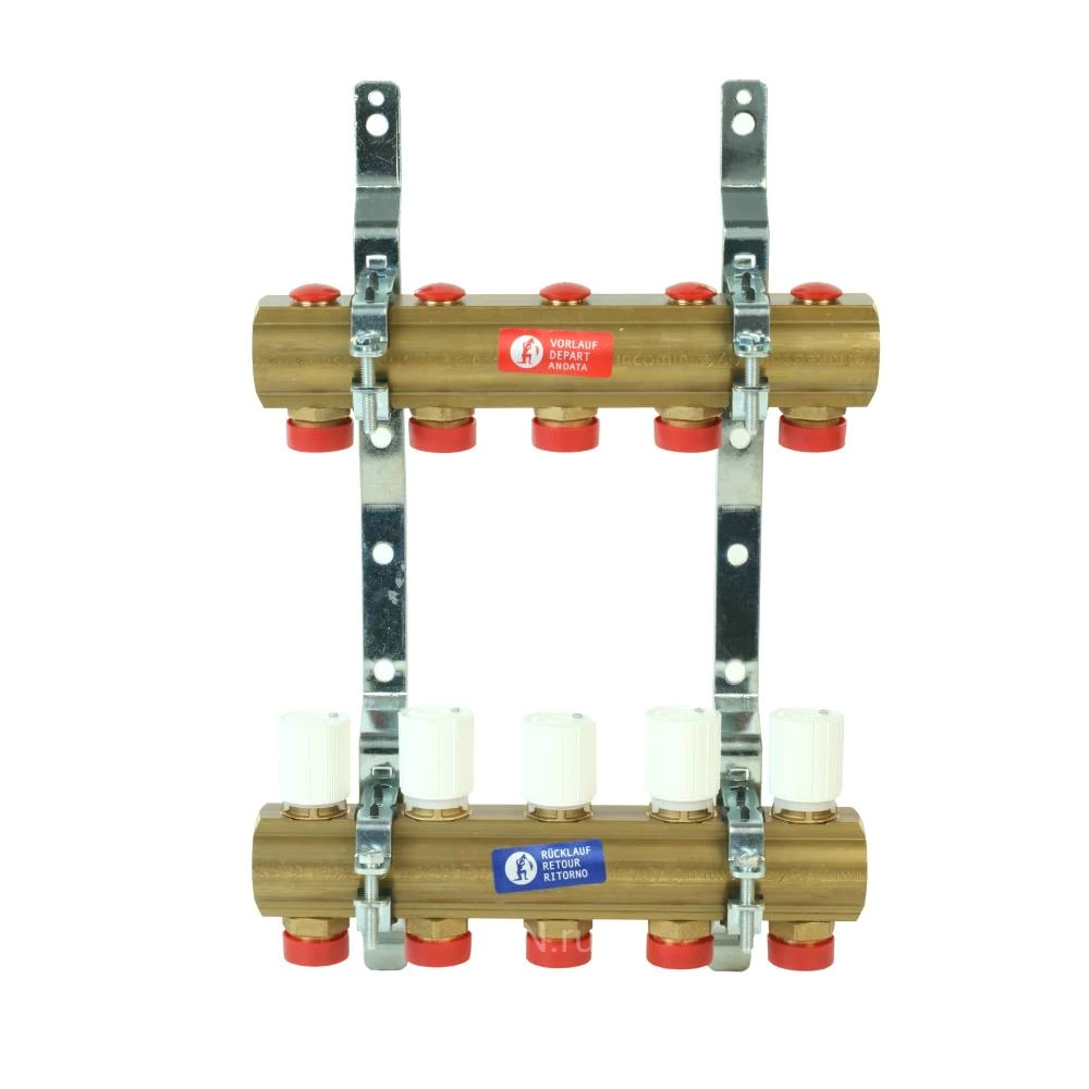 Коллекторная группа Giacomini R553Z 1″x3/4″x6 Ду25 Ру10 сборная, для систем отопления, кронштейны R588Z, R553D, корпус - латунь