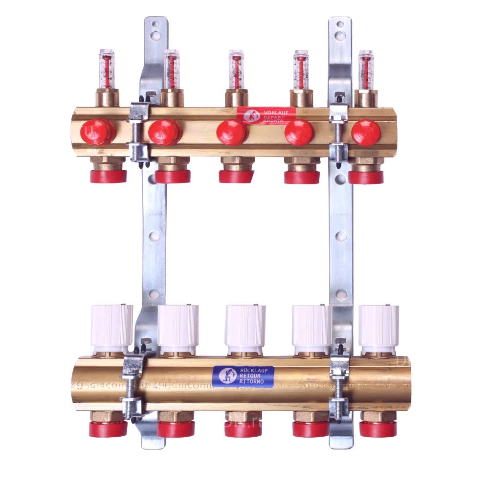 Коллекторная группа Giacomini R553F 1″x3/4″x12 Ду25х20 Ру10 со встроенными отсечными/балансировочными клапанами, расходомерами и термостатическими вентилями