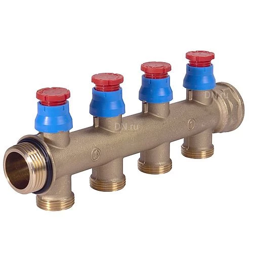 Коллекторы сборные Giacomini R583VY 1″ Ду25 Ру10 выходов 2-4x3/4″, с регулирующими клапанами, межосевое расстояние - 50мм, корпус - латунь
