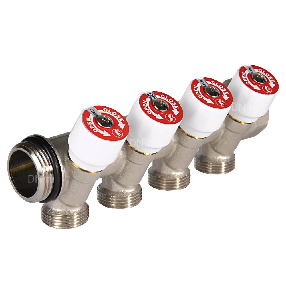 Коллектор сантехнический Giacomini R585CS 1″ Ду25 Ру10 выходов 3x3/4″, с вентилями, межосевое расстояние - 40мм, корпус - латунь, покрытие - никель