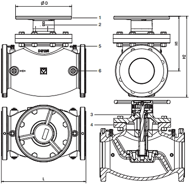 Чертеж Вентиль балансировочный Herz Штремакс-GF Ду125  Ру16 с измерит. клапанами фланцевый