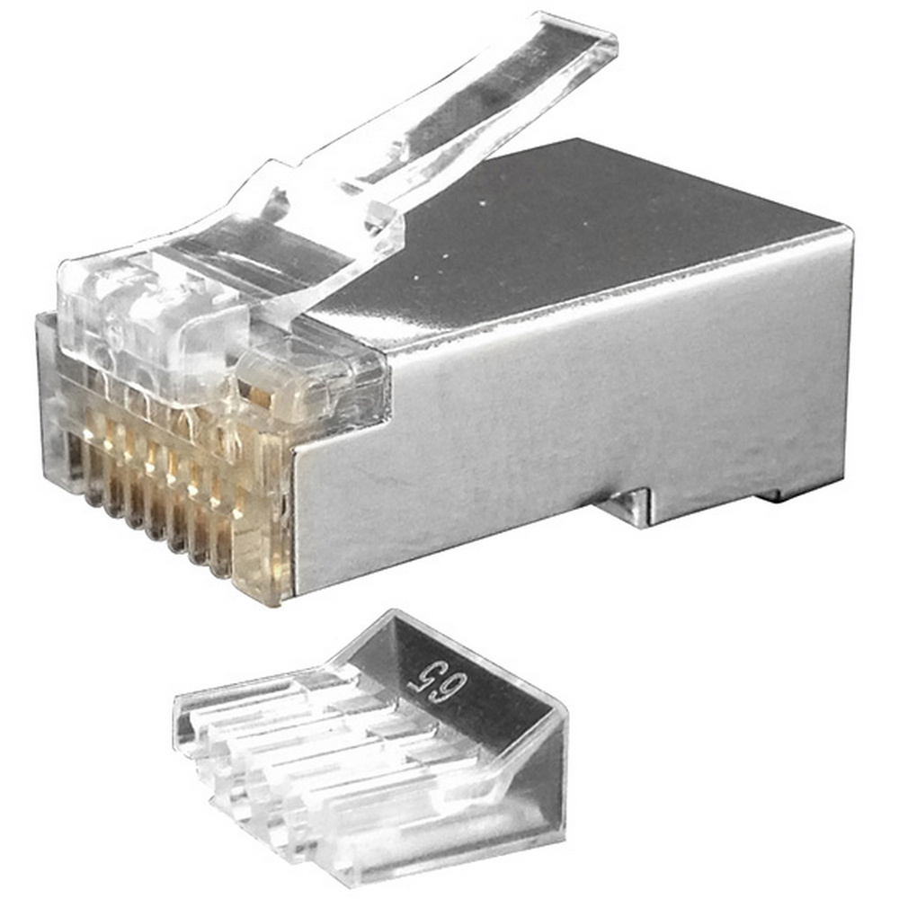 Разъем Hyperline PLUG-8P8C-UV-C6-SH-100 RJ45 (8P8C) экранированный, под витую пару, категория 6 (50 µ″/ 50 микродюймов), со вставкой, упаковка - 100шт