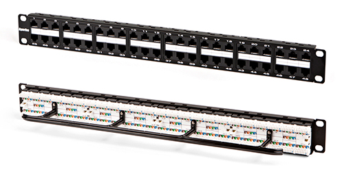 Патч-панели Hyperline Dual IDC 1U высокой плотности 19″, 48 портов RJ-45, категория 5E, корпус - сталь, цвет - черный