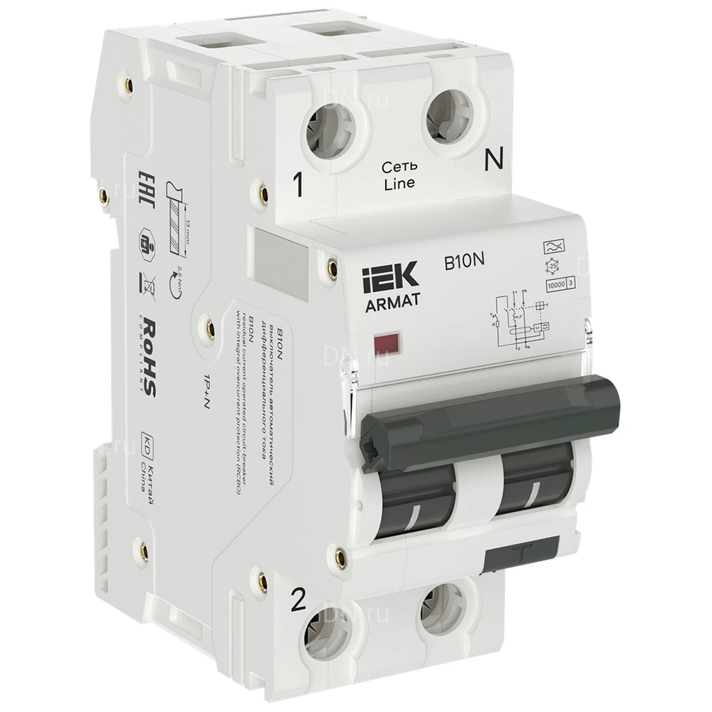 Автоматический выключатель дифференциального тока двухполюсный IEK ARMAT B10N C16 A30 1P+N, сила тока 16А, ток утечки 30мА переменный, тип расцепления C, отключающая способность 10кА AR-B10N-1N-C016A030