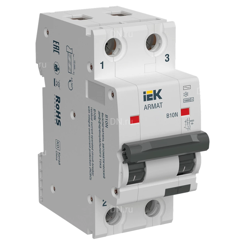 Автоматический выключатель дифференциального тока двухполюсный IEK ARMAT B10N C8 AC30 2P, сила тока 8А, ток утечки 30мА переменный, тип расцепления C, отключающая способность 10кА AR-B10N-2-C008C030