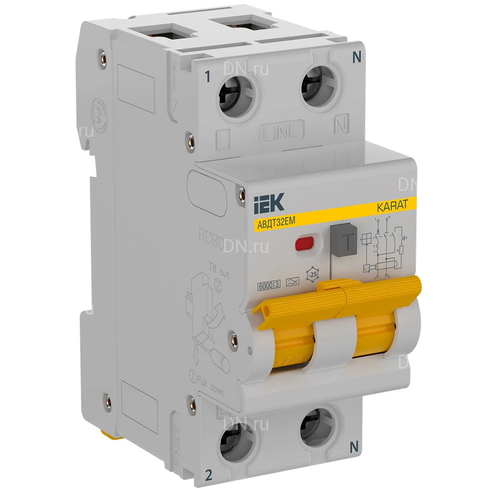 Автоматический выключатель дифференциального тока двухполюсный IEK KARAT АВДТ32EM 1P+N B10 A30 сила тока 10А, ток утечки 30мА переменный, тип расцепителя B, отключающая способность 3кА KA-VD14-1-010-B-030-A