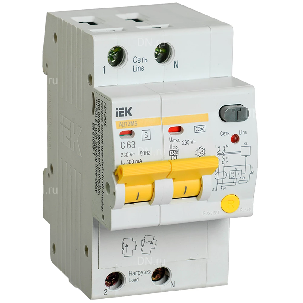 Автоматический выключатель дифференциального тока двухполюсный IEK АД12MS C63 A300 2P, сила тока 63А, ток утечки 300мА переменный, тип расцепления C, отключающая способность 4.5кА MAD123-2-063-C-300