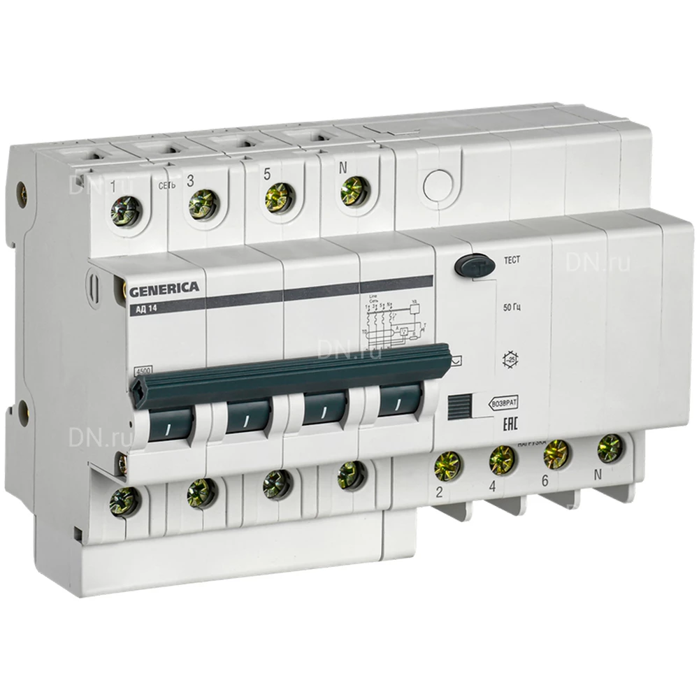 Автоматический выключатель дифференциального тока четырехполюсный GENERICA АД14 C50 AC300 4Р, сила тока 50А, переменный, тип расцепления C, отключающая способность 4.5кА MAD15-4-050-C-300
