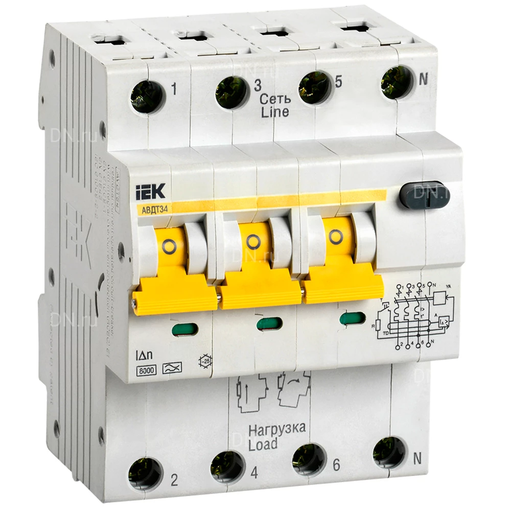 Автоматический выключатель дифференциального тока четырехполюсный IEK АВДТ 34 C 6кА 3P+N 25А, ток утечки 100мА переменный, сила тока 25А MAD22-6-025-C-100