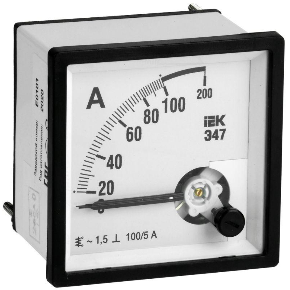 Амперметр IEK Э47 100/5А, класс точности 1.5, диапазон измерений - 0-100 А, размер - 72х72 мм