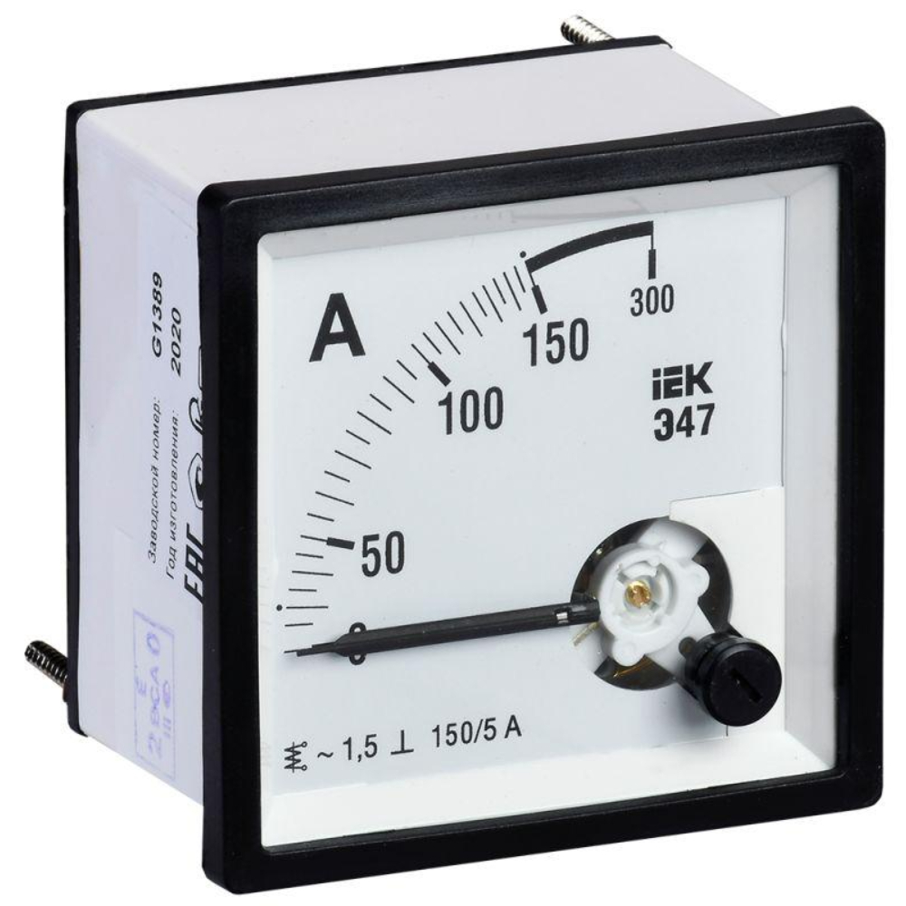 Амперметр IEK Э47 150/5А, класс точности 1.5, диапазон измерений - 0-150 А, размер - 72х72 мм