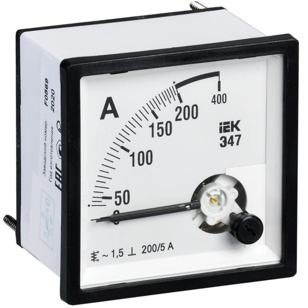 Амперметр IEK Э47 200/5А, класс точности 1.5, диапазон измерений - 0-200 А, размер - 72х72 мм