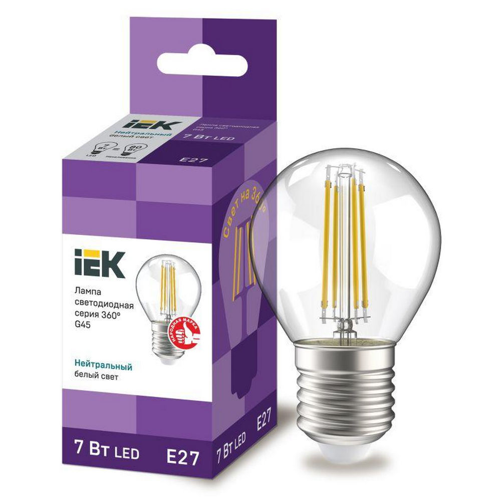 Лампа светодиодная IEK A60 филаментная прозрачная, мощность - 7 Вт, цоколь - E27, световой поток - 840 лм, цветовая температура - 4000 K, форма - грушевидная