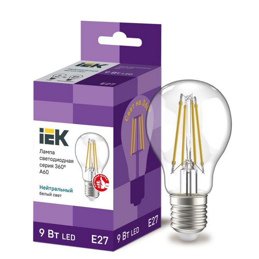 Лампа светодиодная IEK A60 филаментная прозрачная, мощность - 9 Вт, цоколь - E27, световой поток - 1080 лм, цветовая температура - 4000 K, форма - грушевидная