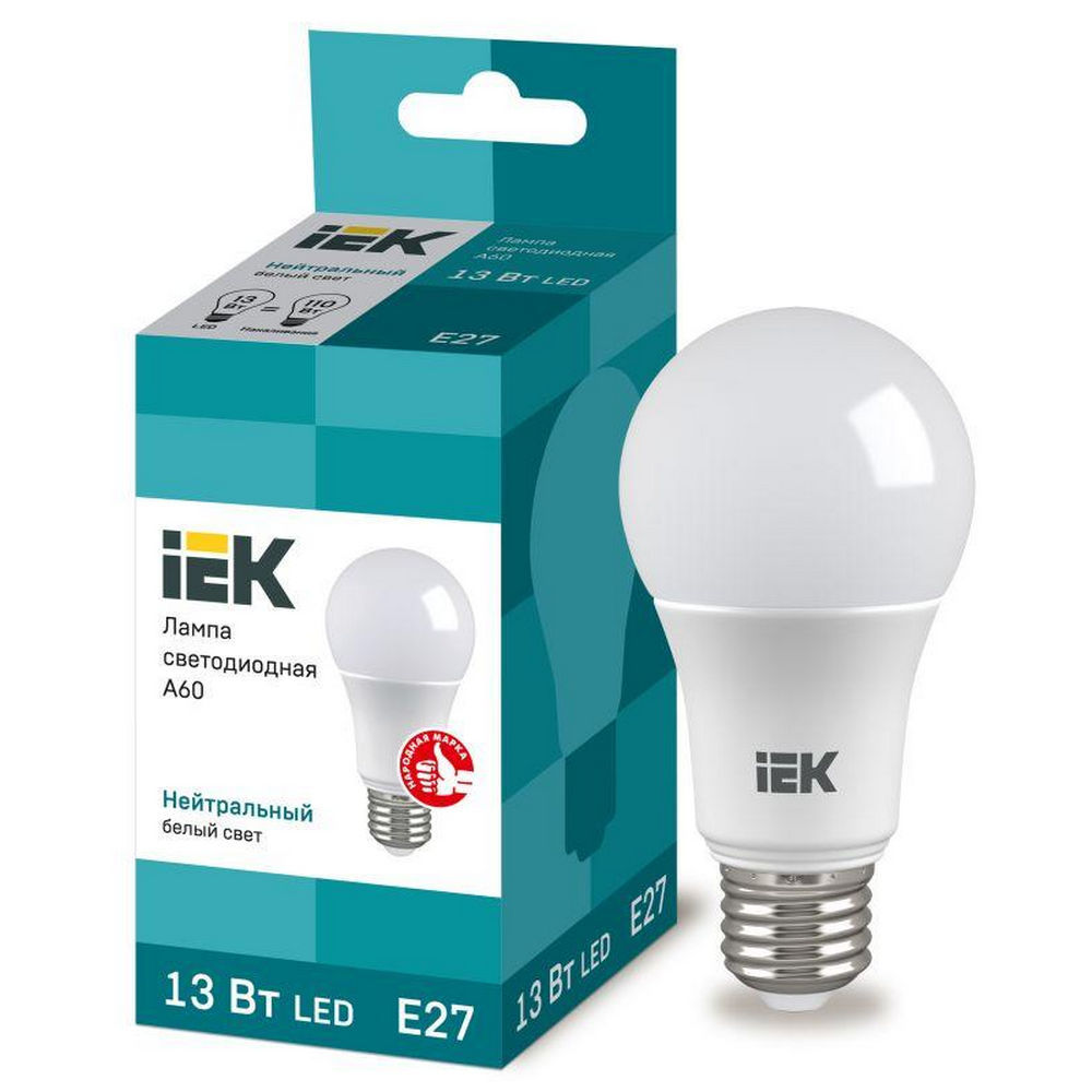 Лампа светодиодная IEK Eco A60 матовая, мощность - 13 Вт, цоколь - E27, световой поток - 1170 лм, цветовая температура - 4000 K, форма - грушевидная
