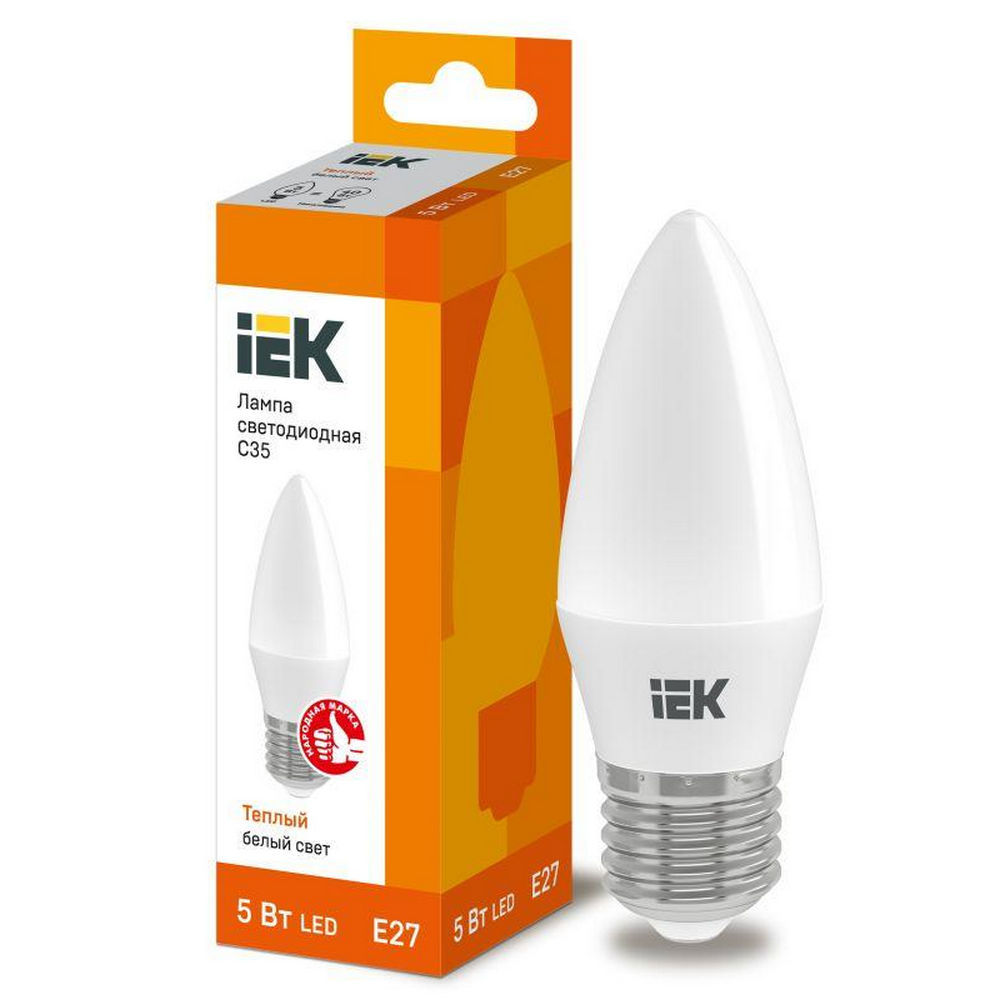 Лампа светодиодная IEK Eco C35 матовая, мощность - 5 Вт, цоколь - E27, световой поток - 450 лм, цветовая температура - 3000 K, форма - свеча