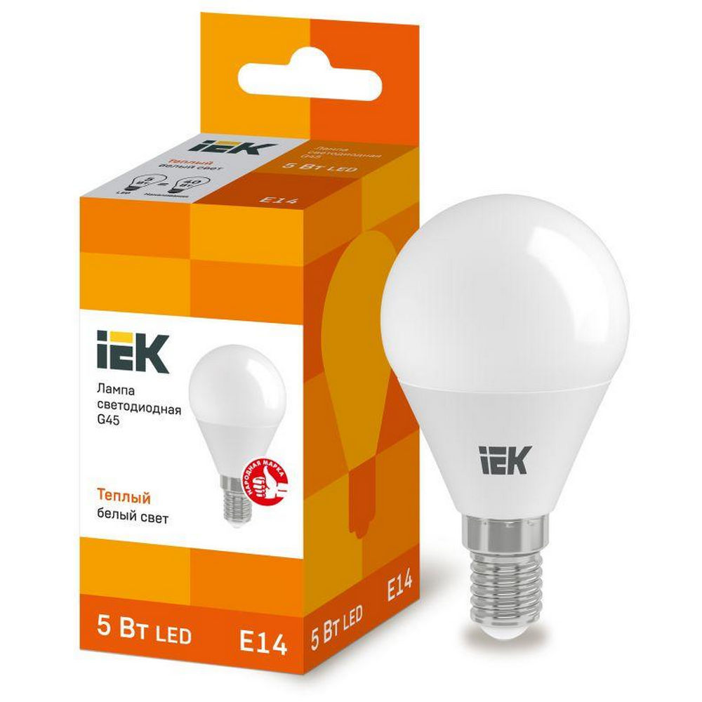 Лампа светодиодная IEK Eco G45 матовая, мощность - 5 Вт, цоколь - E14, световой поток - 450 лм, цветовая температура - 3000 K, форма - грушевидная