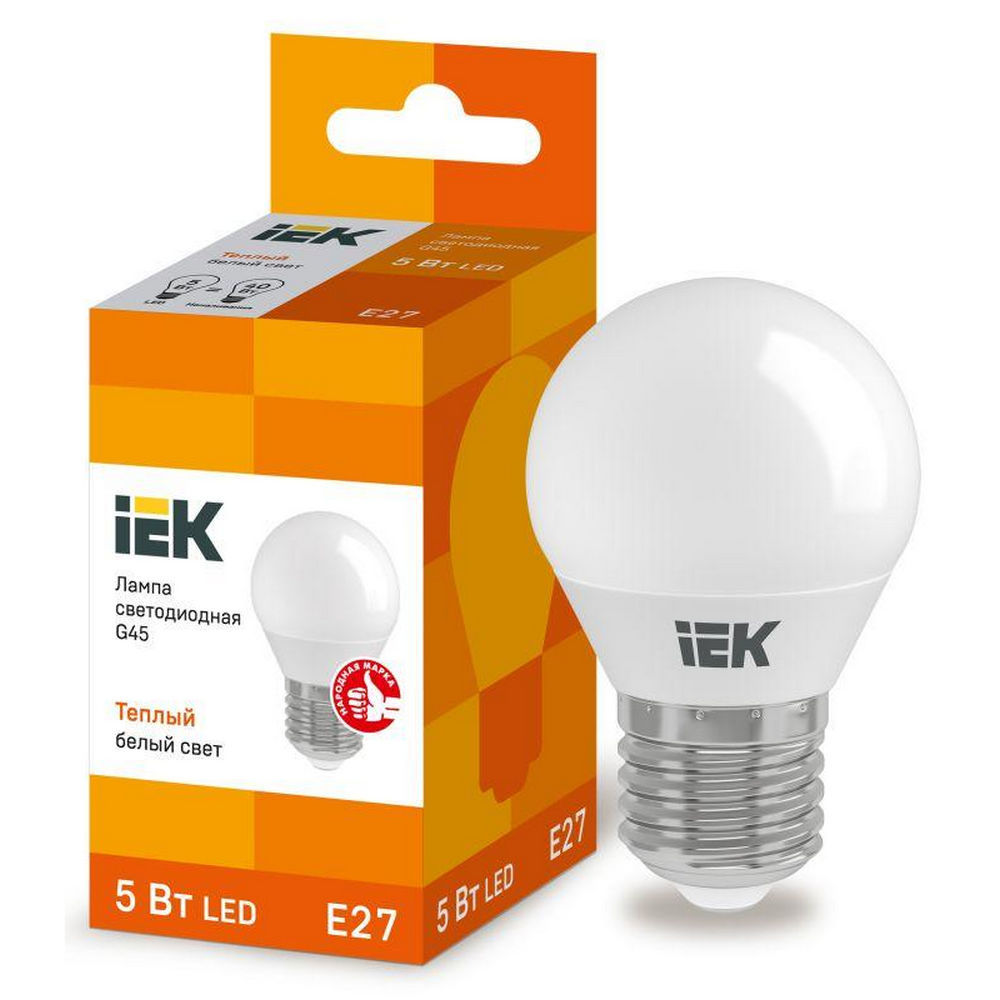 Лампа светодиодная IEK Eco G45 матовая, мощность - 5 Вт, цоколь - E27, световой поток - 450 лм, цветовая температура - 3000 K, форма - грушевидная
