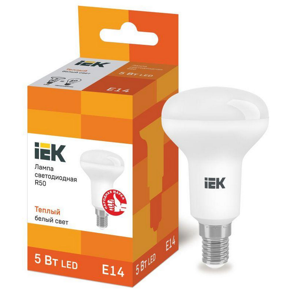 Лампа светодиодная IEK Eco R50 матовая, мощность - 5 Вт, цоколь - E14, световой поток - 450 лм, цветовая температура - 3000 K, форма - рефлектор