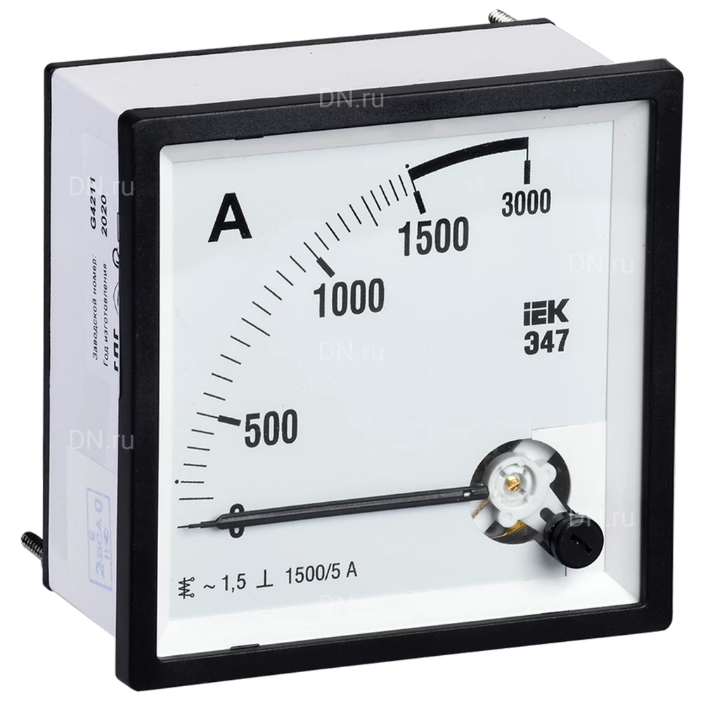 Амперметр IEK Э47 1500/5А, класс точности 1.5, диапазон измерений - 0-1500А, размер - 72х72мм IPA10-6-1500-E