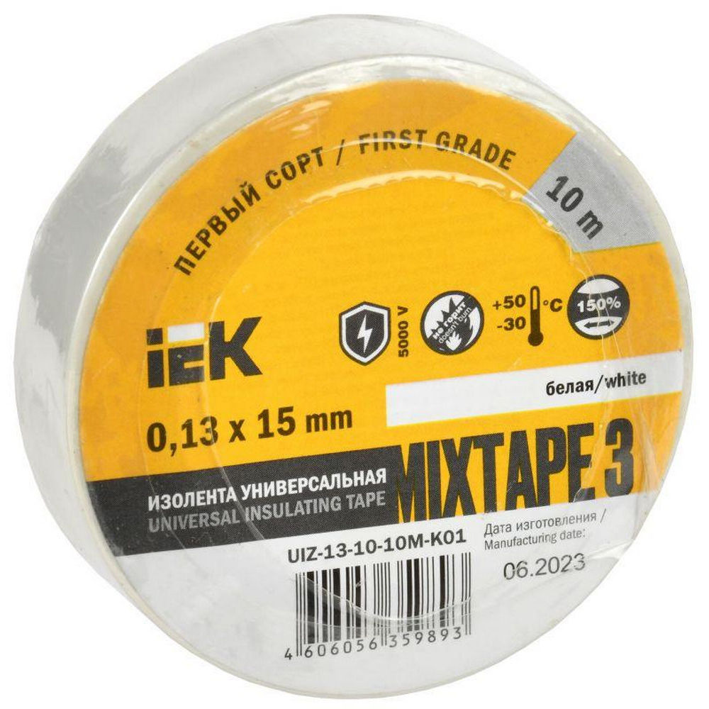Изолента IEK MIXTAPE 3 UIZ-13-10-10M-K01, 15 мм, длина - 10 м, самозатухающая изоляционная, материал - поливинилхлорид, цвет - белый