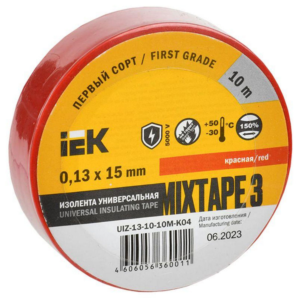 Изолента IEK MIXTAPE 3 UIZ-13-10-10M-K04, 15 мм, длина - 10 м, самозатухающая изоляционная, материал - поливинилхлорид, цвет - красный