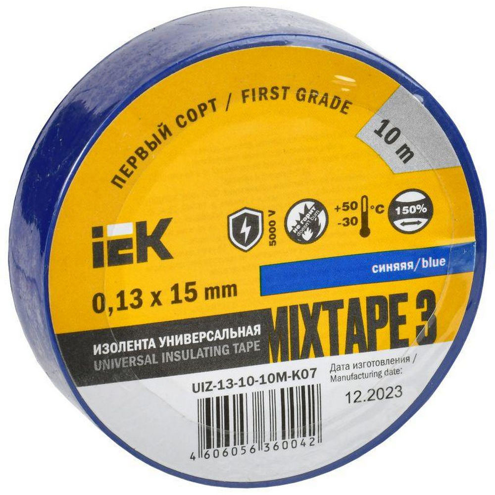 Изолента IEK MIXTAPE 3 UIZ-13-10-10M-K07, 15 мм, длина - 10 м, самозатухающая изоляционная, материал - поливинилхлорид, цвет - синий
