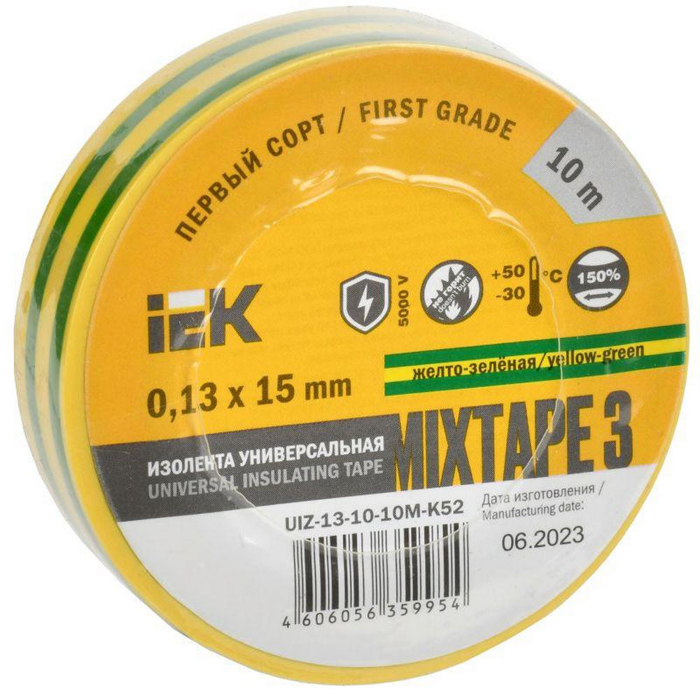 Изолента IEK MIXTAPE 3 UIZ-13-10-10M-K52, 15 мм, длина - 10 м, самозатухающая изоляционная, материал - поливинилхлорид, цвет - желто-зеленый