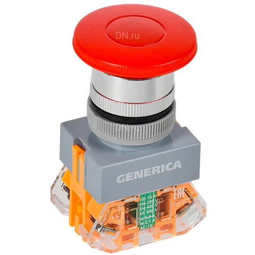 Кнопки управления GENERICA D7-MDZS грибовидные, диаметр отверстия - 22мм, 1НЗ+1НО, с подсветкой и фиксацией